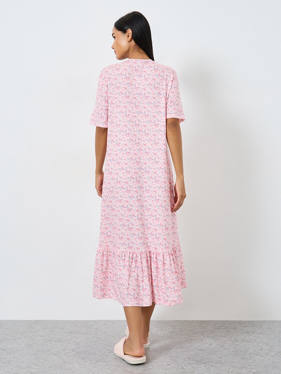 Wide Ruffle Hem Ditsy Print Sleep T-Shirt Dress