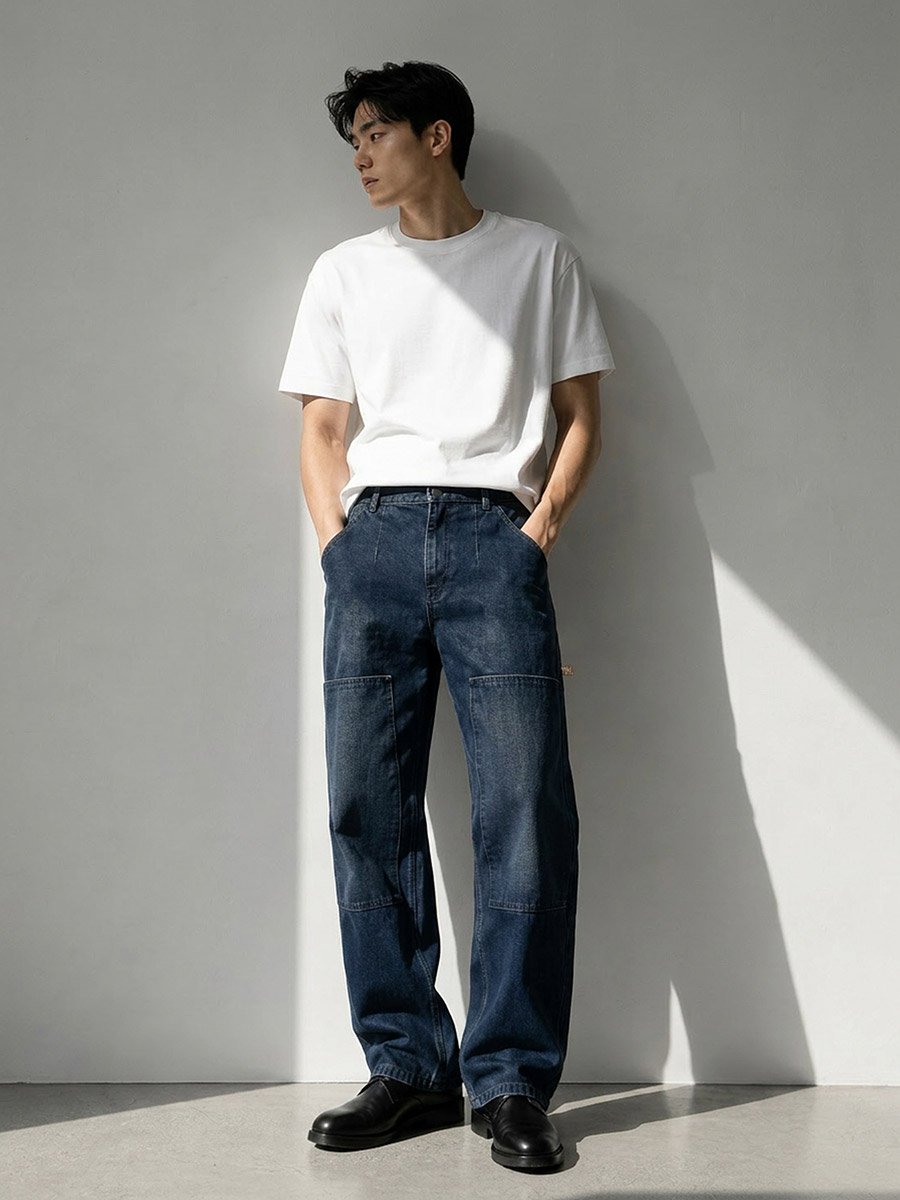 Men Wide Leg Washed Jeans