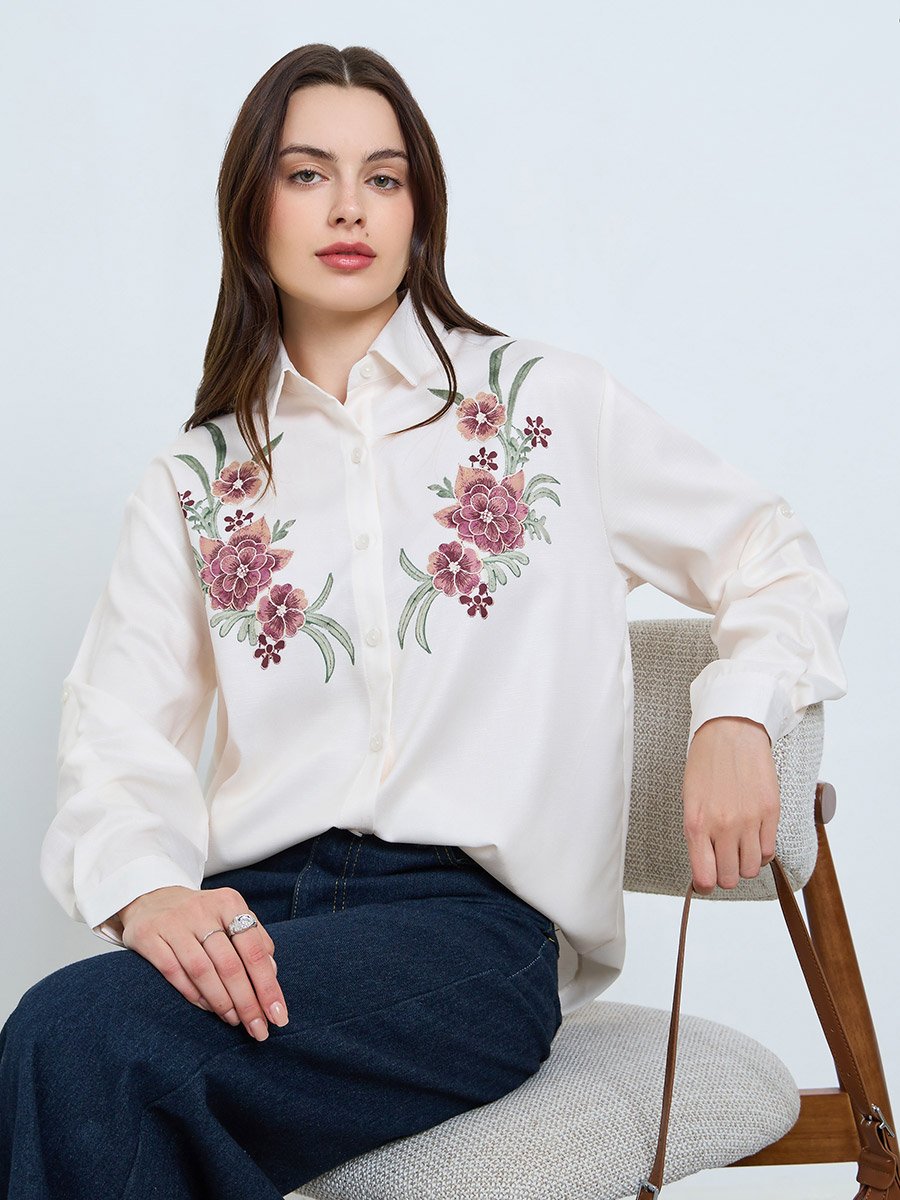 Beige Floral Embroidered Long Sleeve Shirt