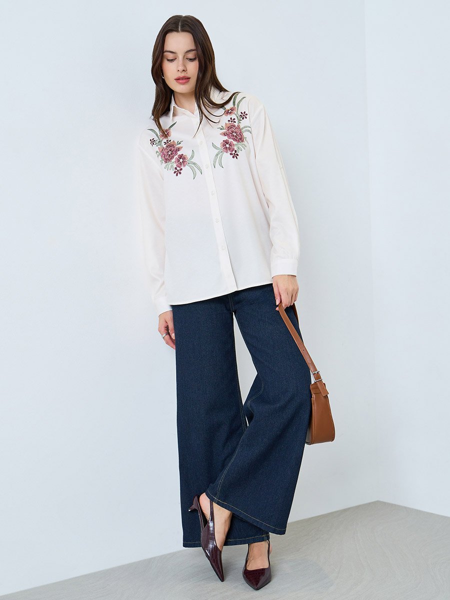 Beige Floral Embroidered Long Sleeve Shirt