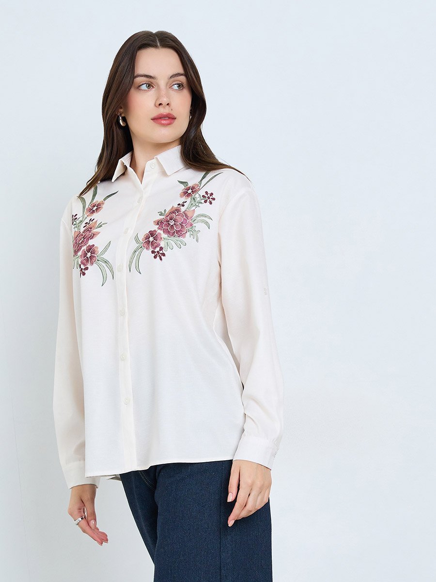 Beige Floral Embroidered Long Sleeve Shirt