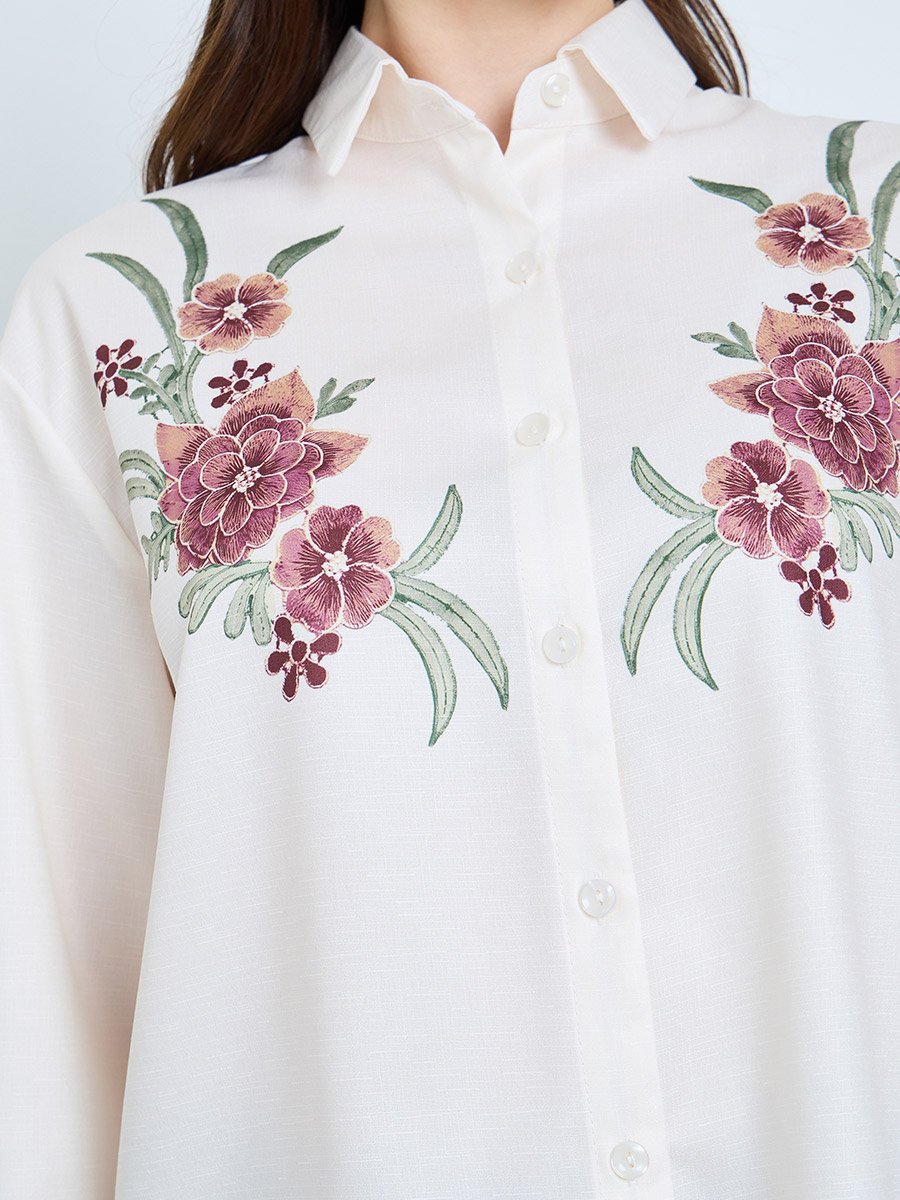 Beige Floral Embroidered Long Sleeve Shirt