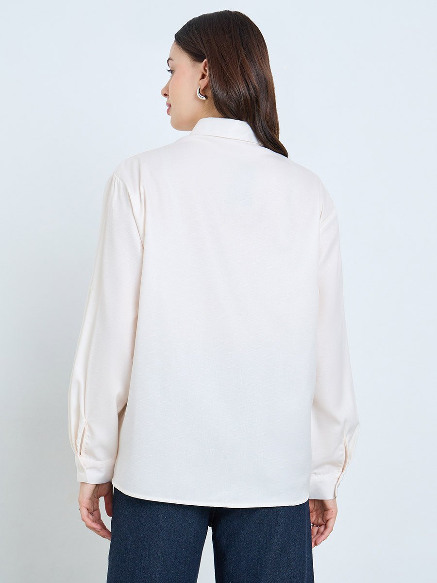 Beige Floral Embroidered Long Sleeve Shirt