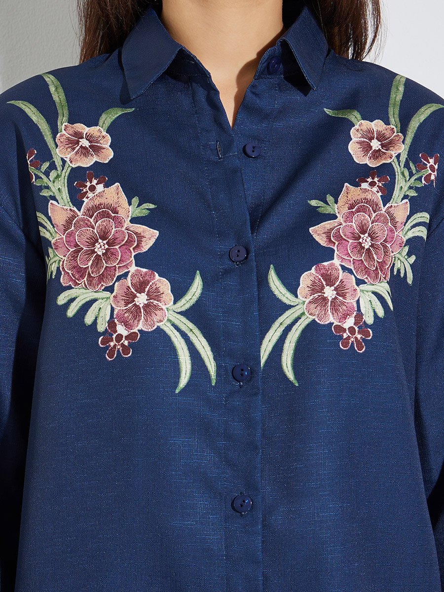 Navy Blue Floral Embroidered Long Sleeve Shirt