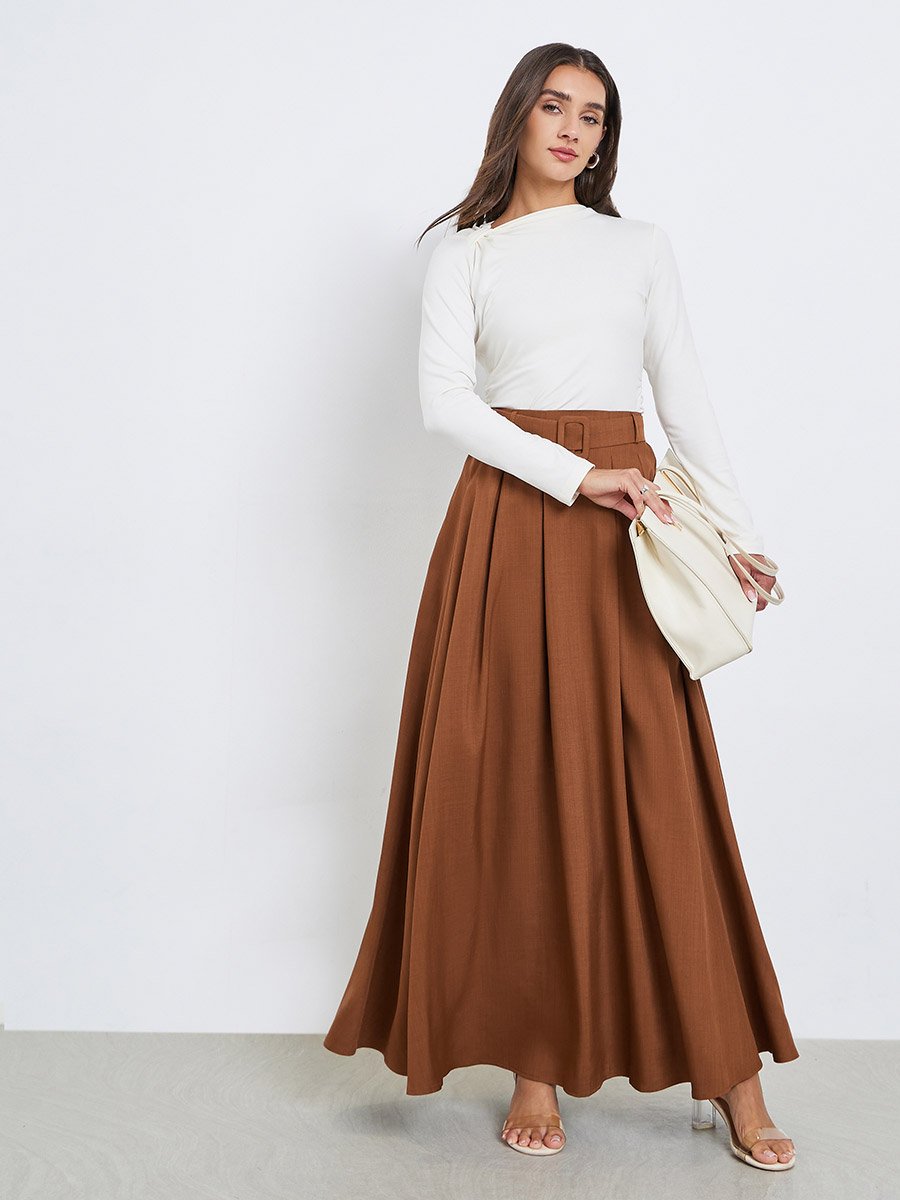 Brown Solid Belted A-Line Maxi Skirt