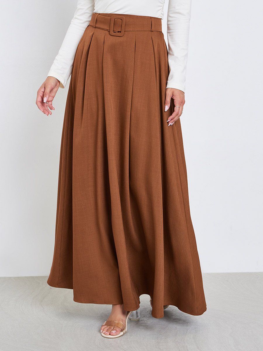 Brown Solid Belted A-Line Maxi Skirt