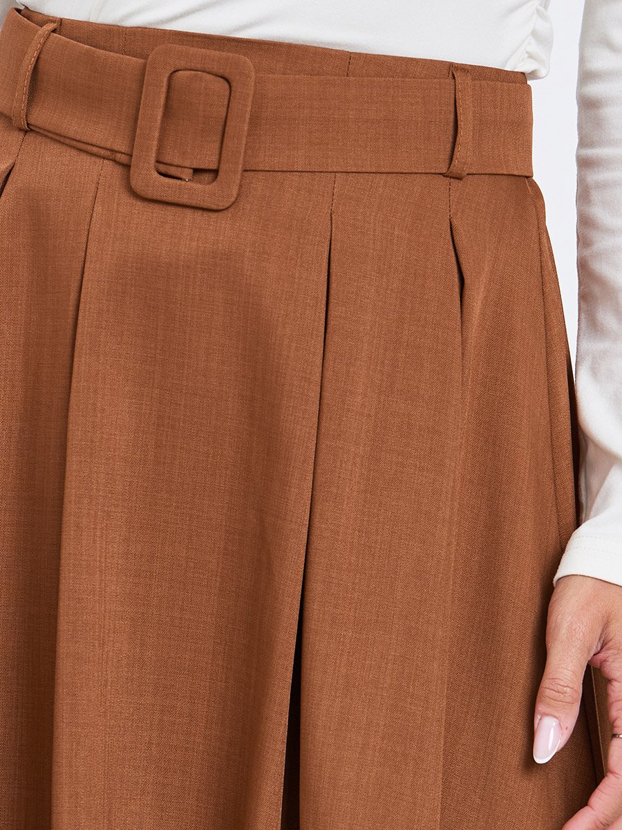 Brown Solid Belted A-Line Maxi Skirt
