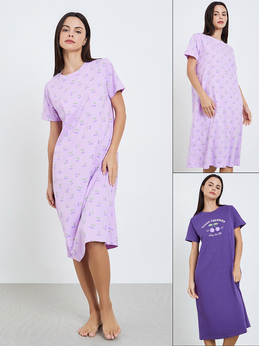 Pack of 2 - Purple Cherry Print Short Sleeve Nightdress
