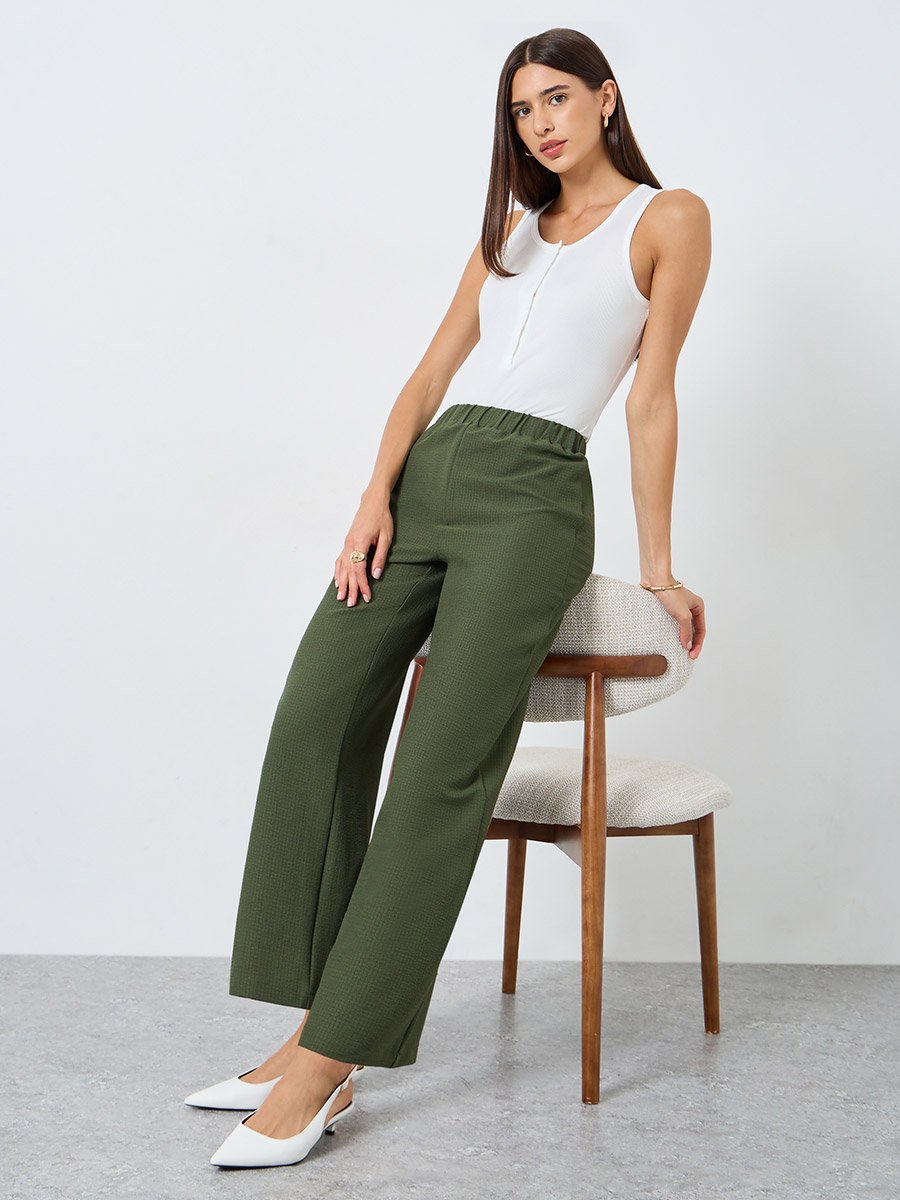 Solid Textured Elastic Waist Straight Leg Pants