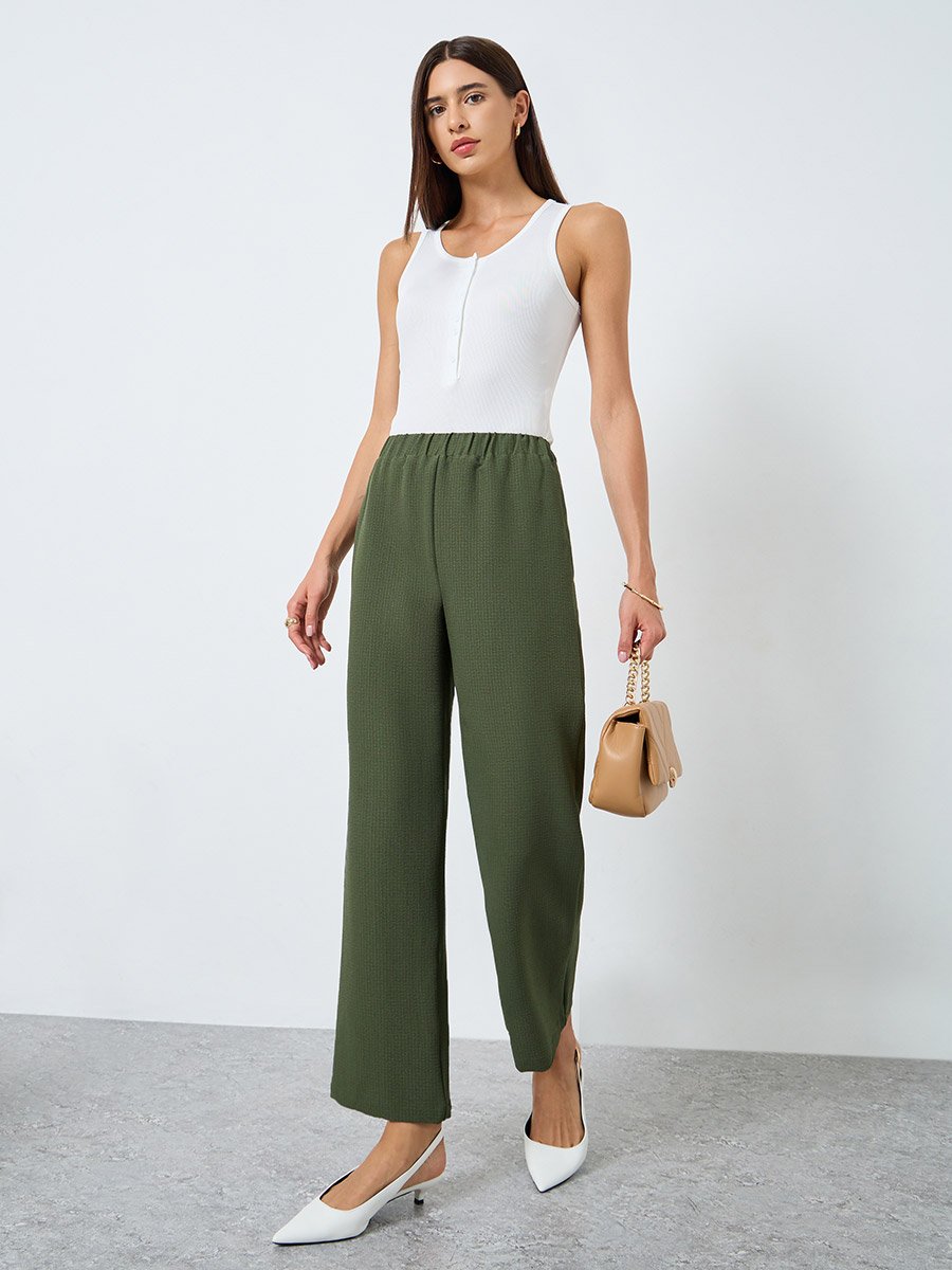 Solid Textured Elastic Waist Straight Leg Pants