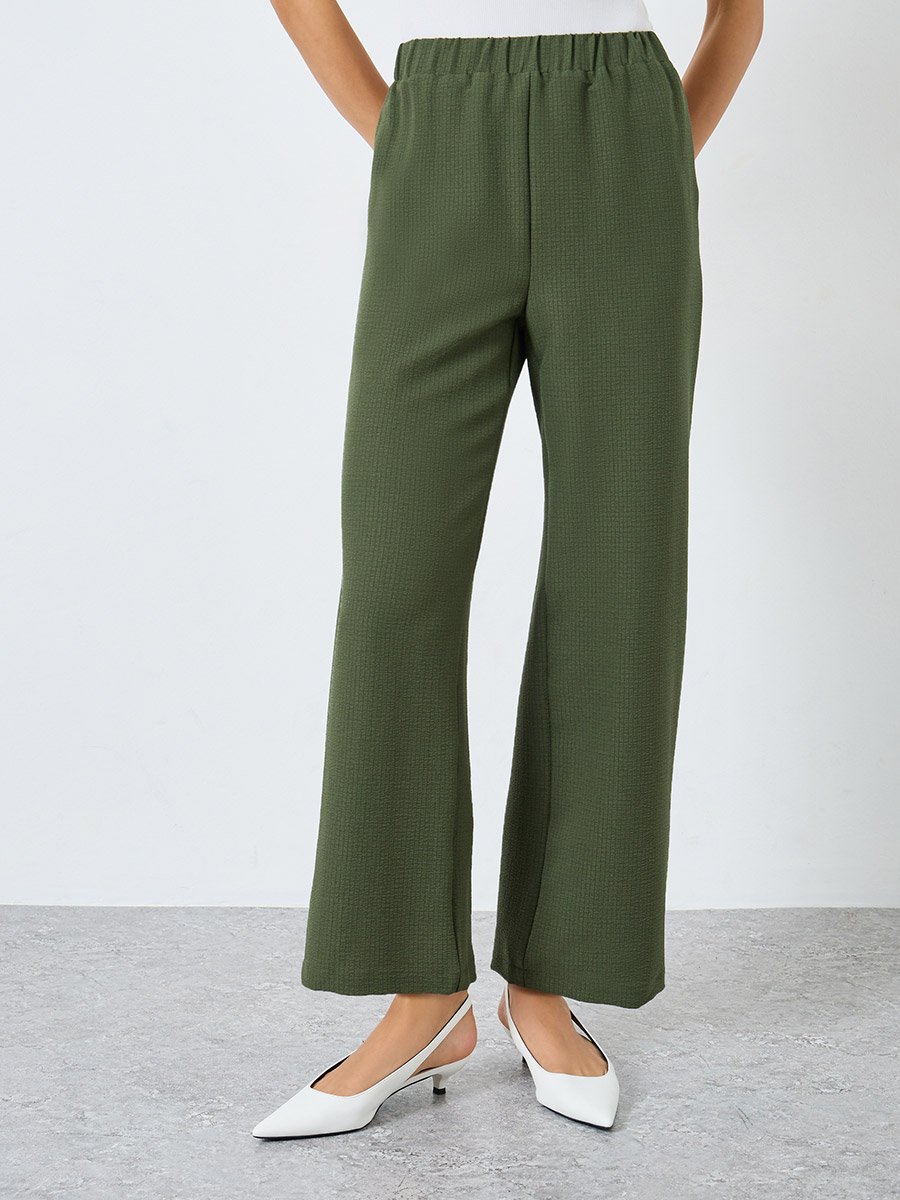 Solid Textured Elastic Waist Straight Leg Pants