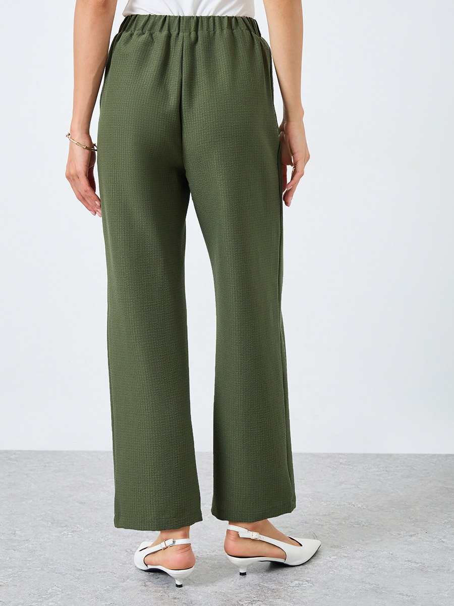 Solid Textured Elastic Waist Straight Leg Pants