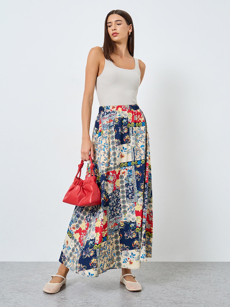 All-Over Printed Elastic Waist Skirt