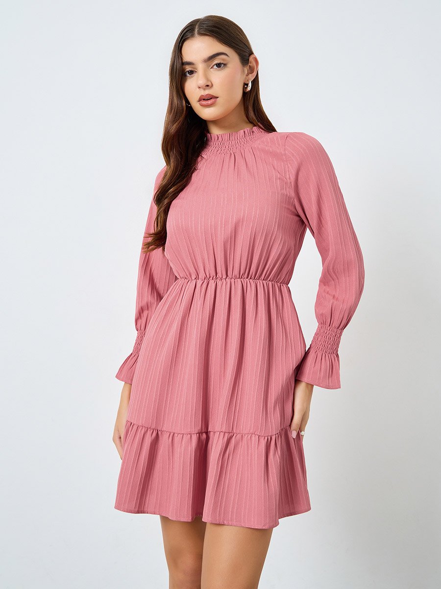 Solid Textured Smocking Cuff Fitted Waist Mini Dress