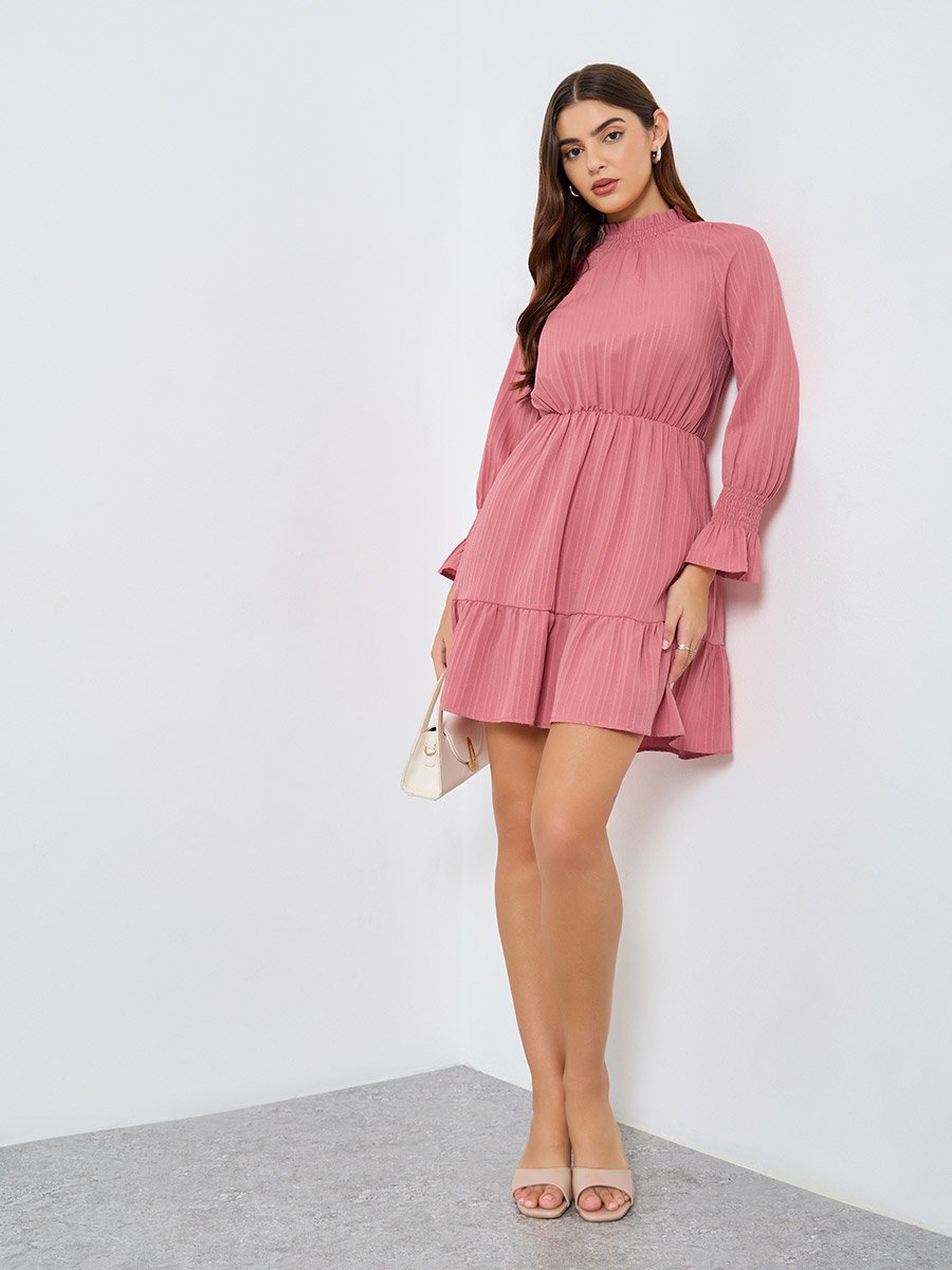 Solid Textured Smocking Cuff Fitted Waist Mini Dress
