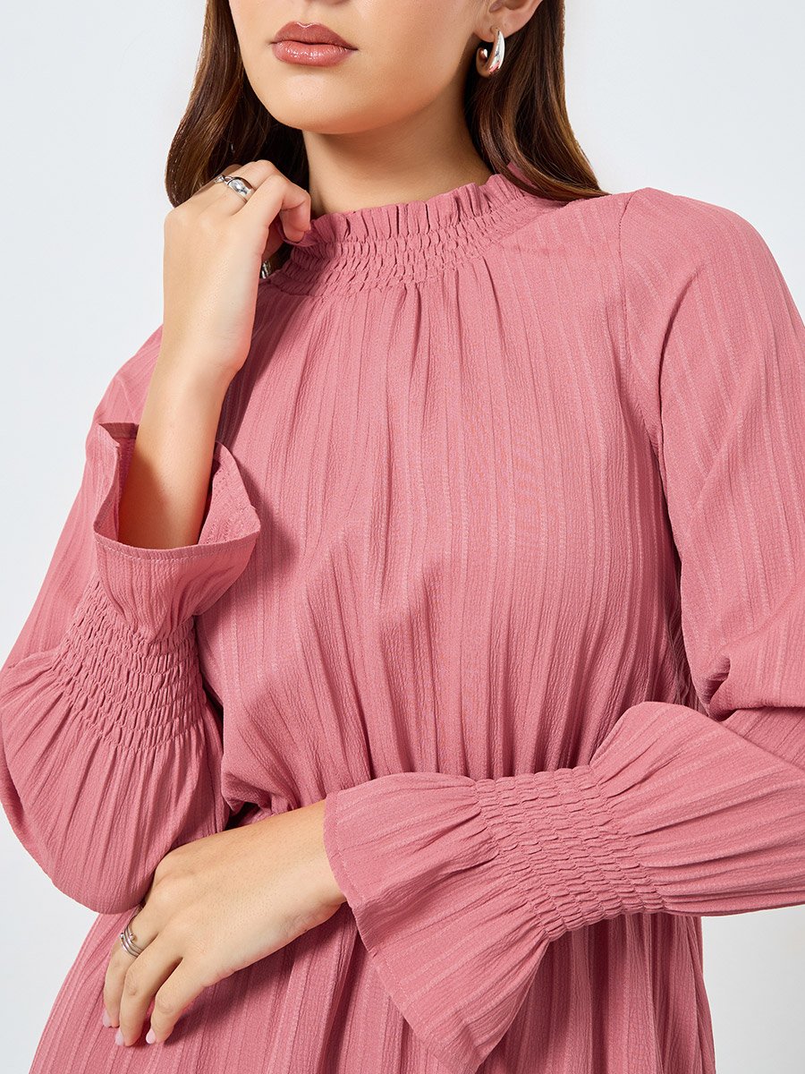 Solid Textured Smocking Cuff Fitted Waist Mini Dress