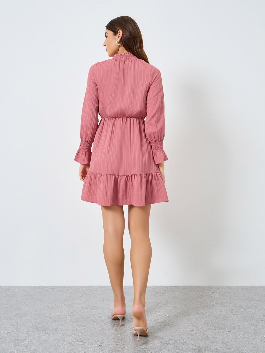 Solid Textured Smocking Cuff Fitted Waist Mini Dress