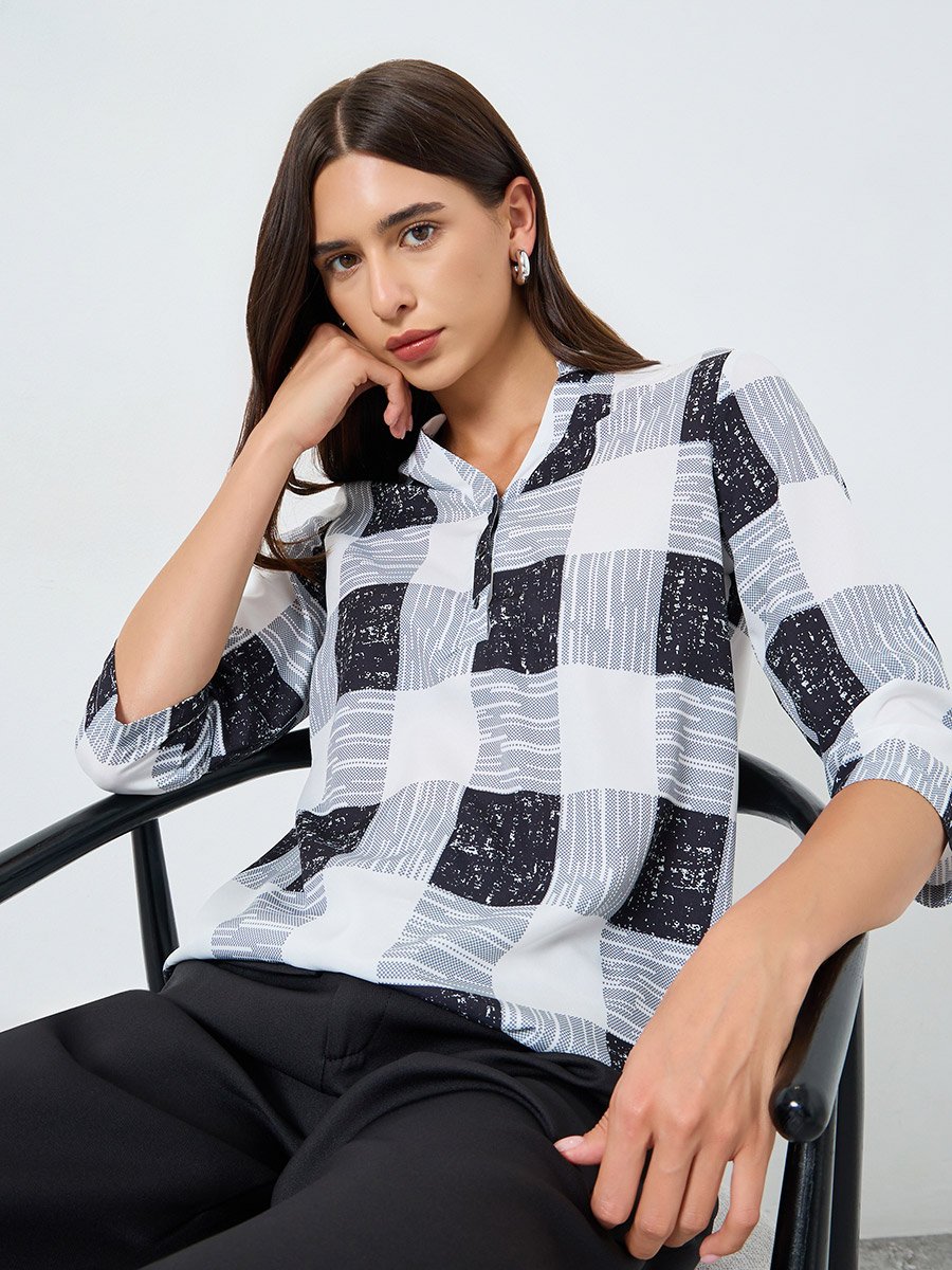 Checked V-Neck Button Front Top
