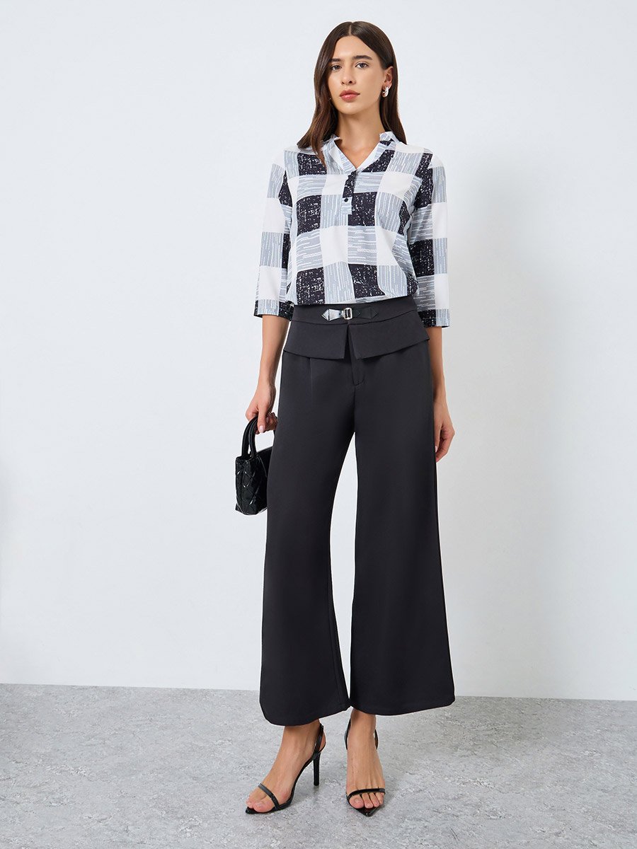 Checked V-Neck Button Front Top