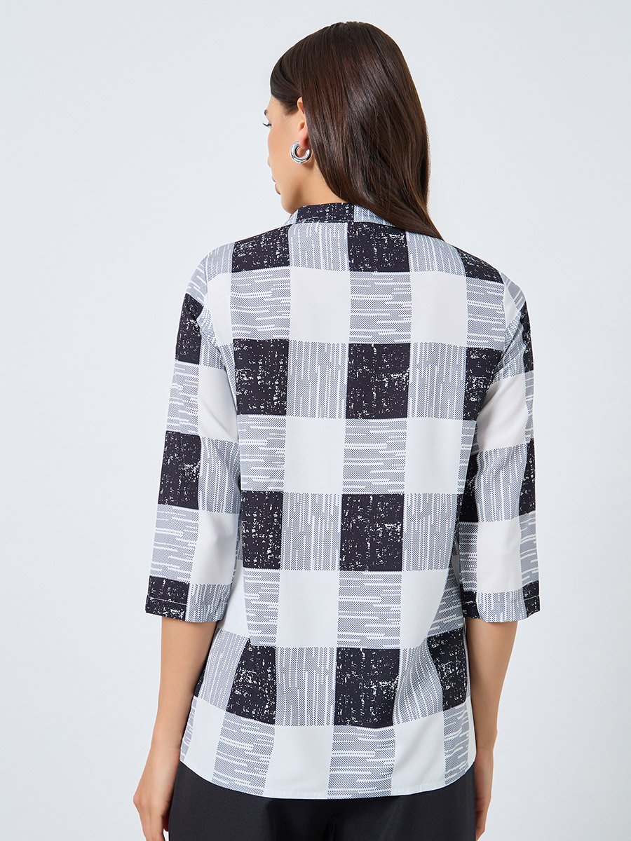 Checked V-Neck Button Front Top