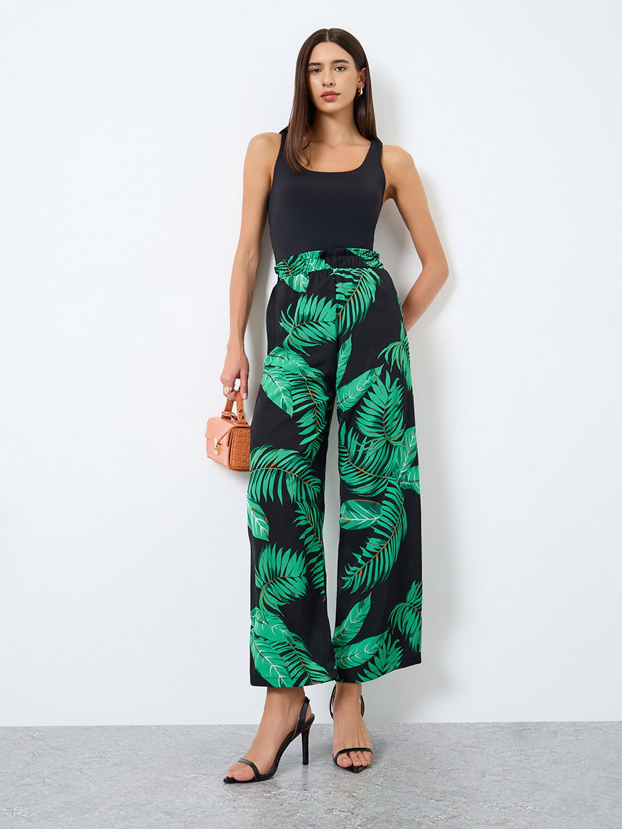 Women Floral Printed Elastic Waist Straight Leg Pants