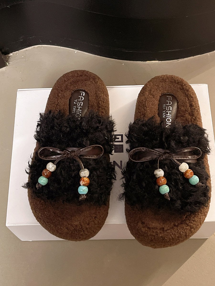 Plush Slides with Beaded Bow