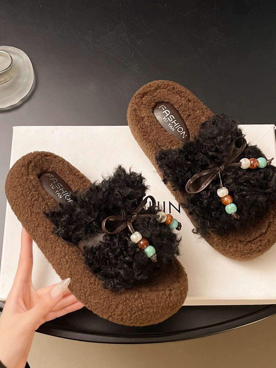 Plush Slides with Beaded Bow
