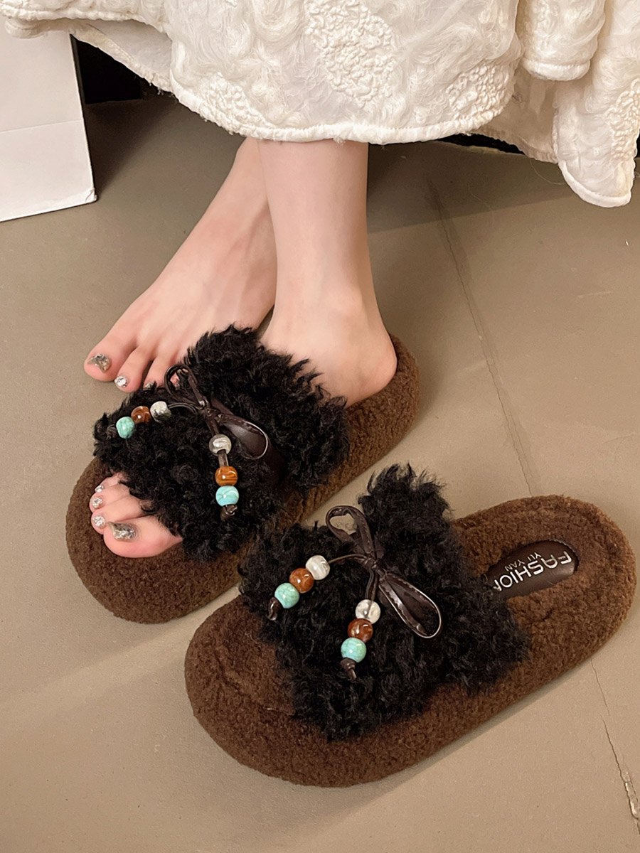 Plush Slides with Beaded Bow