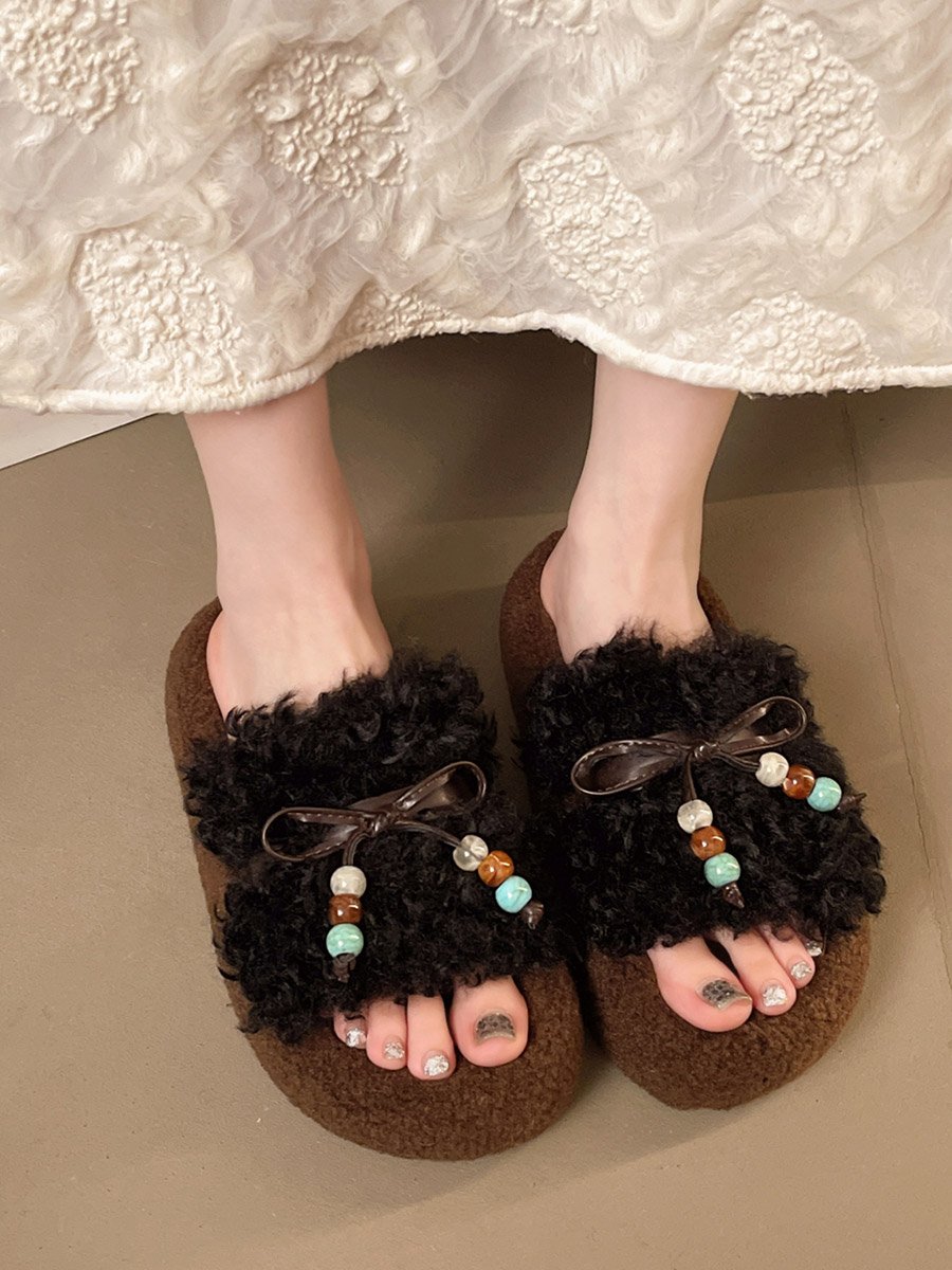 Plush Slides with Beaded Bow