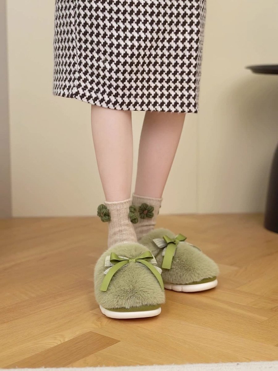 Green Fuzzy Slippers with Bow