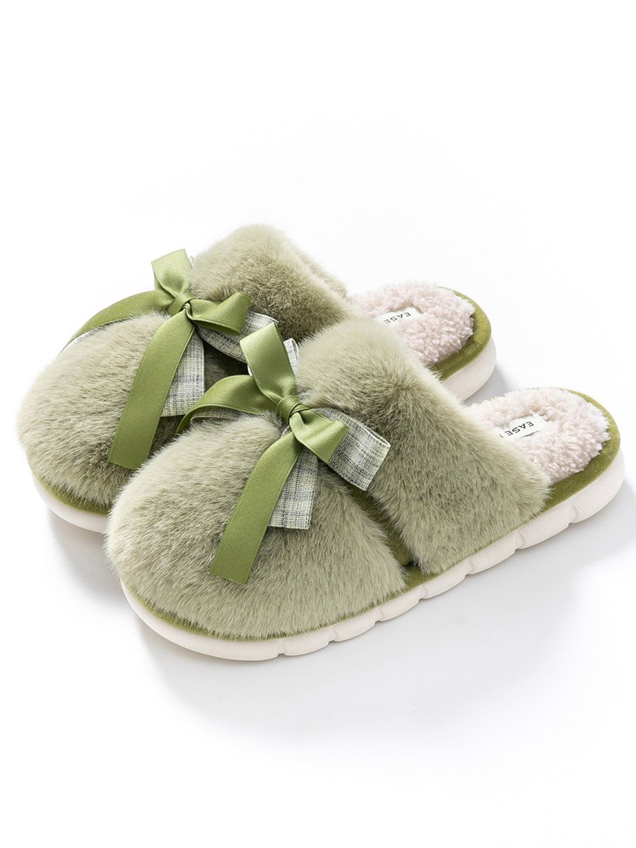 Green Fuzzy Slippers with Bow