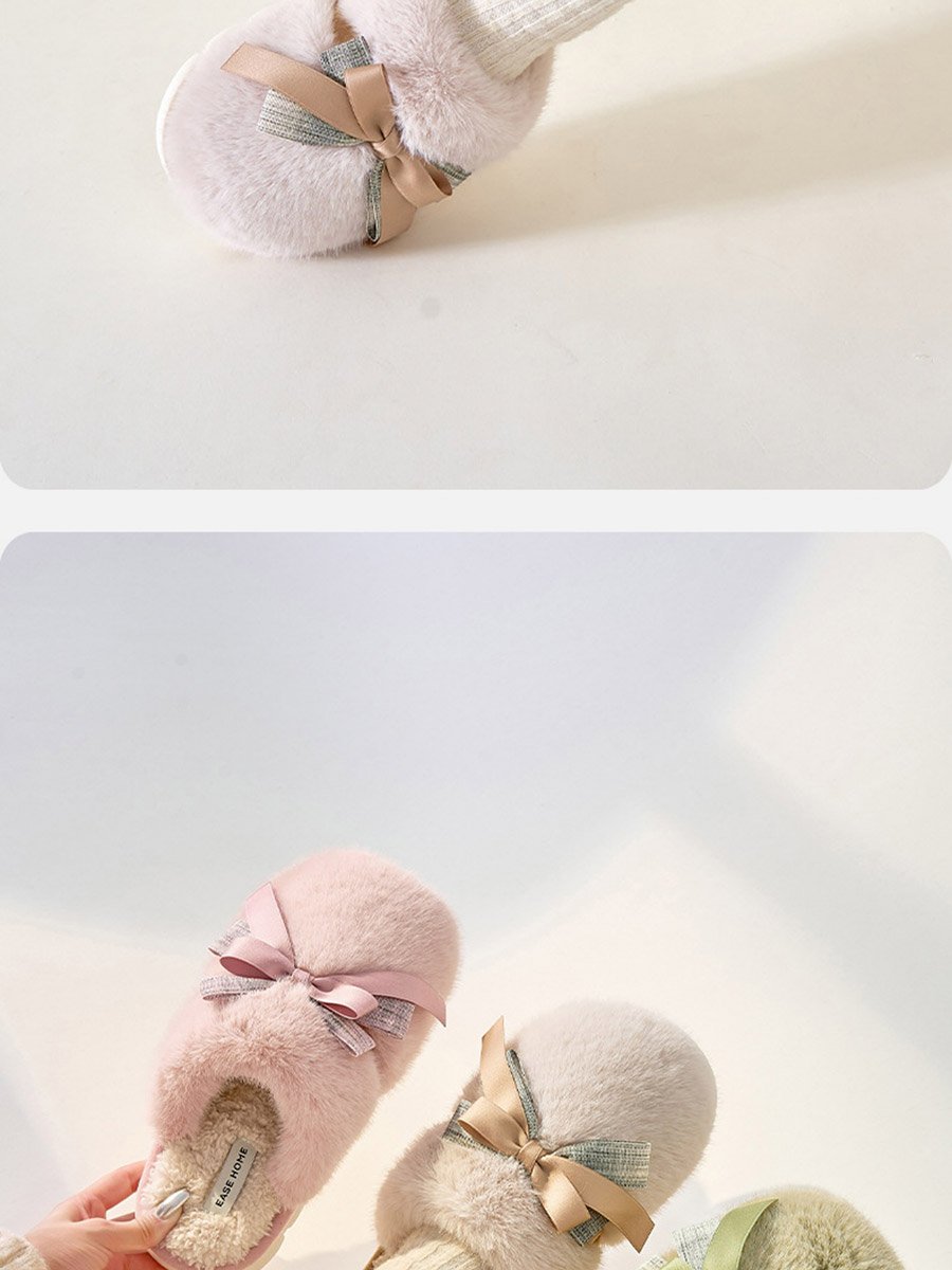 Grey Furry Bedroom Slippers with Bow