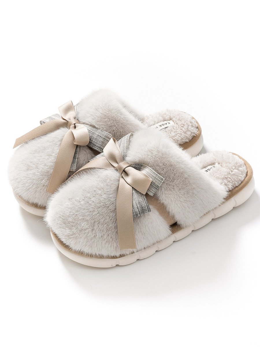 Grey Furry Bedroom Slippers with Bow