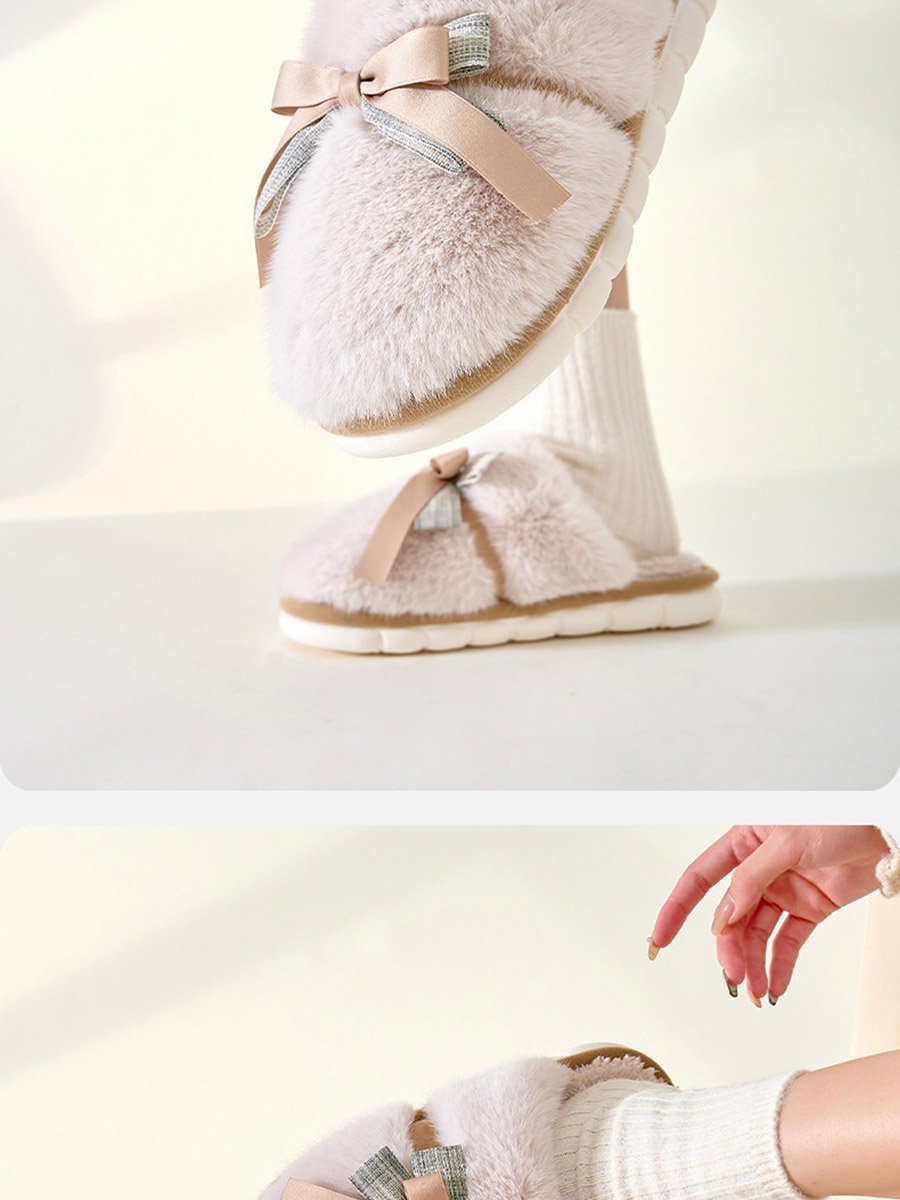 Grey Furry Bedroom Slippers with Bow