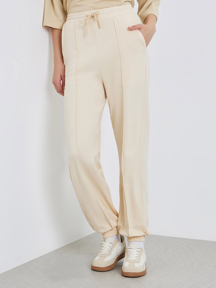 Women Beige Tapered Joggers with Drawstring