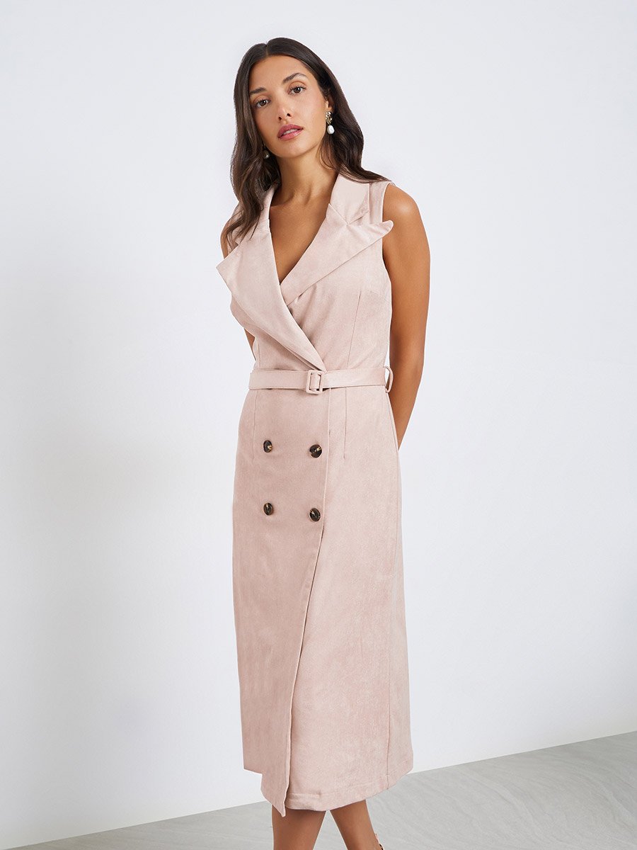 Women Suede Look Sleeveless Blazer Midi Dress