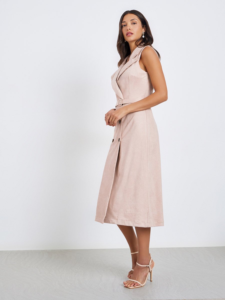 Women Suede Look Sleeveless Blazer Midi Dress