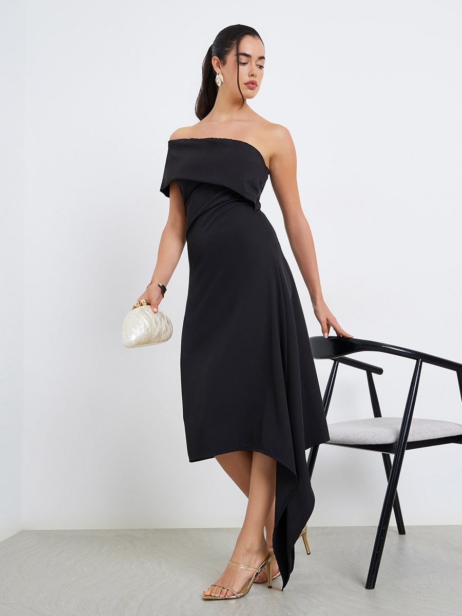 Women One Shoulder Neck Sheath Midi Dress