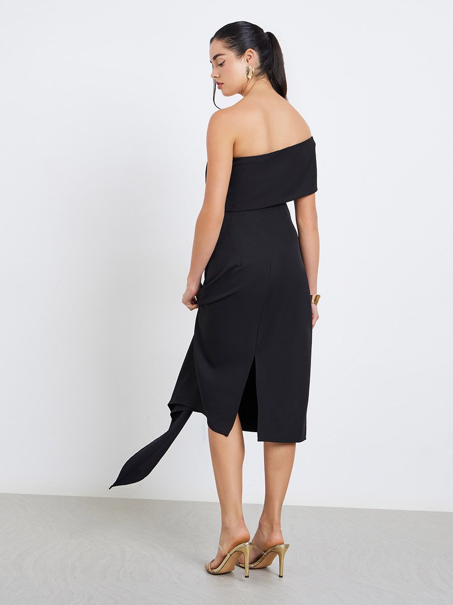 Women One Shoulder Neck Sheath Midi Dress