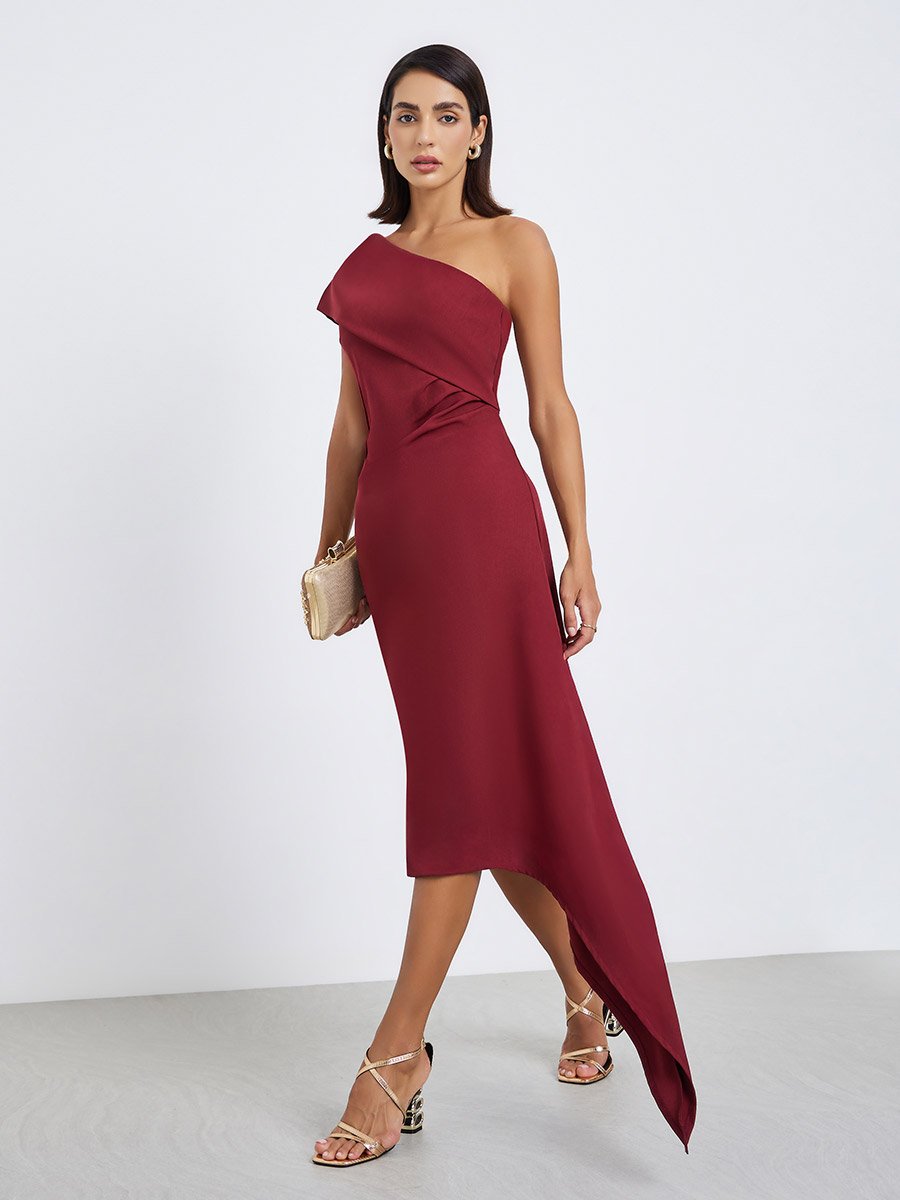 Women One Shoulder Neck Sheath Midi Dress
