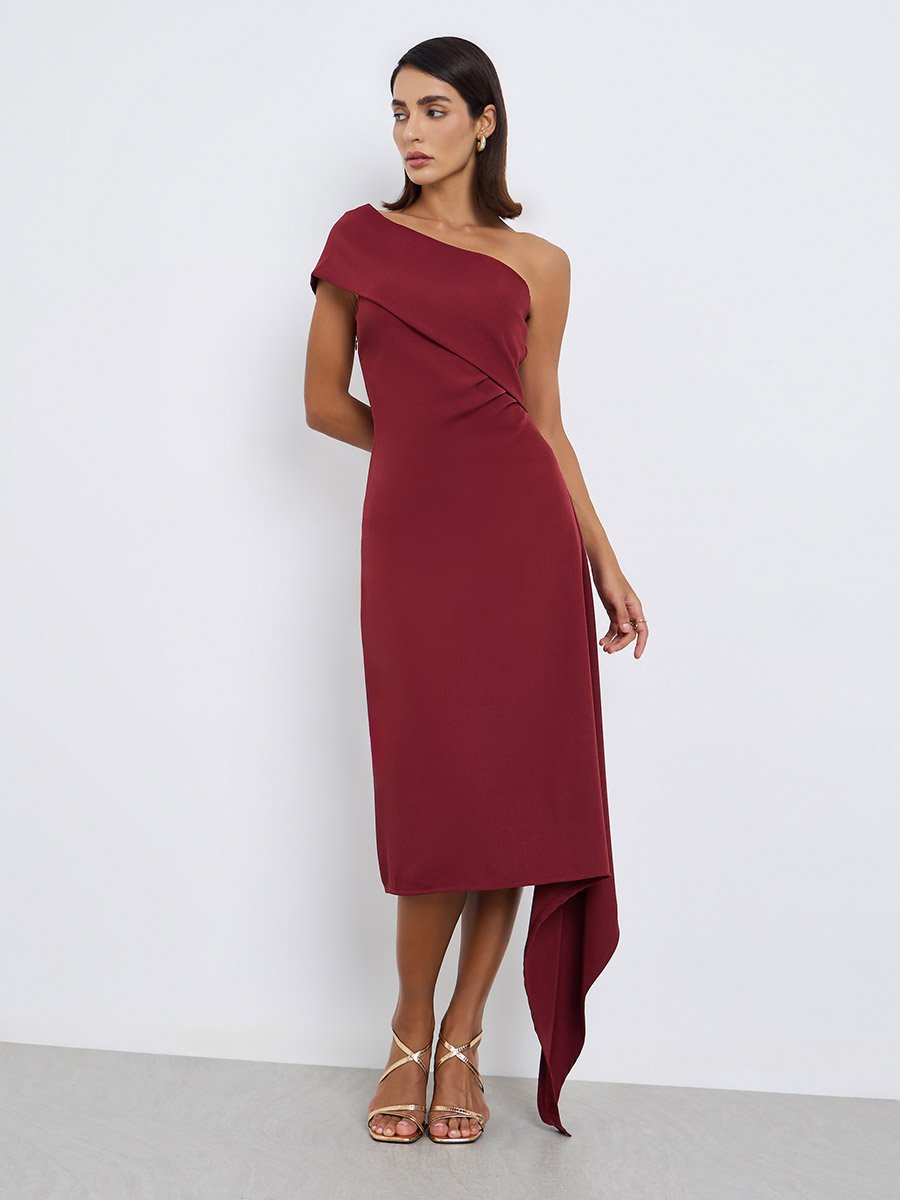 Women One Shoulder Neck Sheath Midi Dress