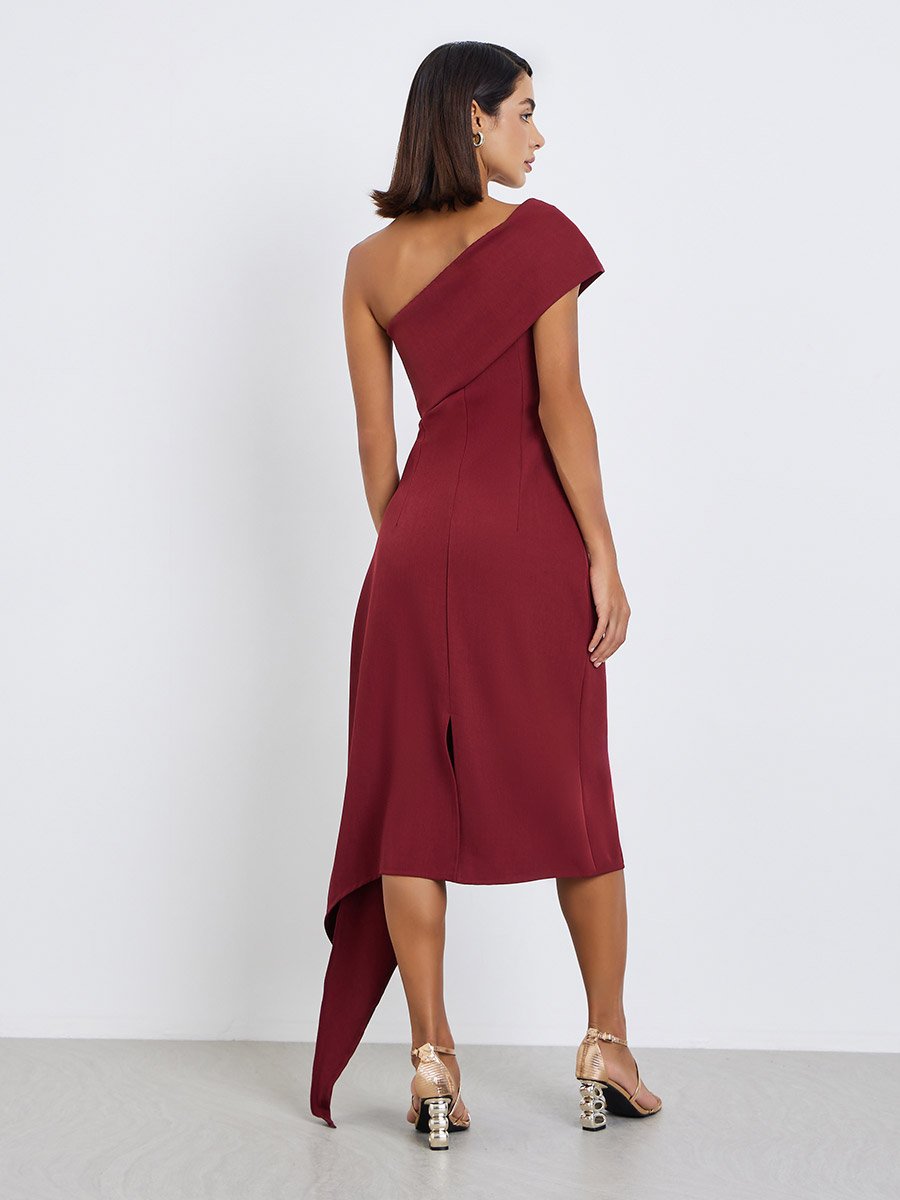 Women One Shoulder Neck Sheath Midi Dress