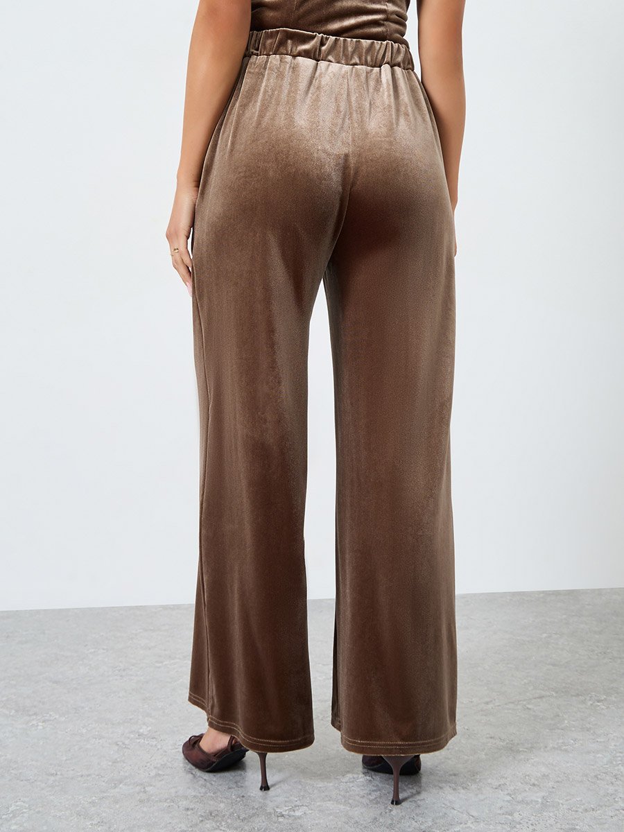 Women Brown Velour Wide Leg Pants