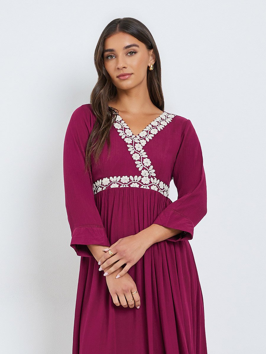 Women Magenta Embroidery Lace A-Line Midi Dress