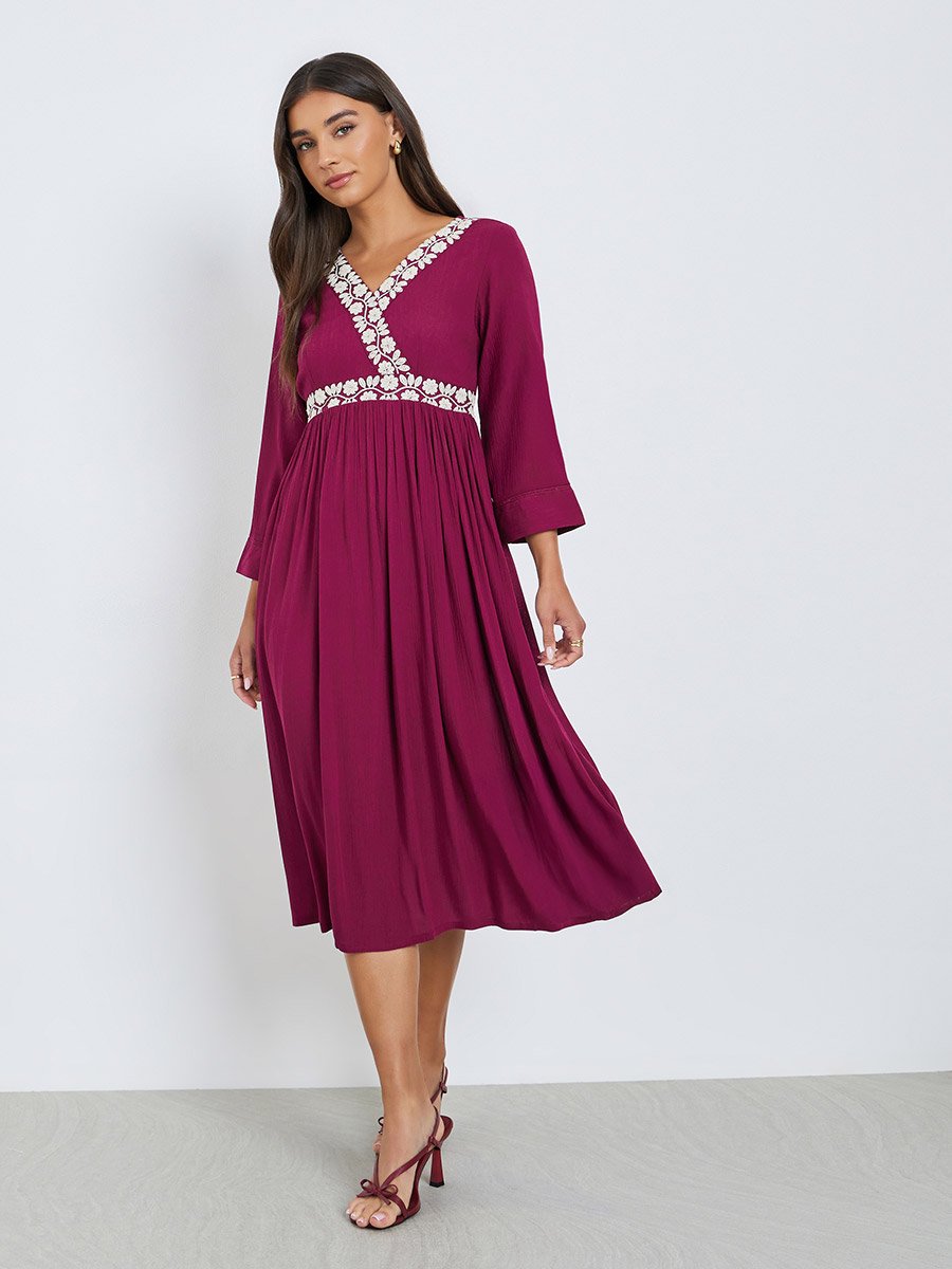 Women Magenta Embroidery Lace A-Line Midi Dress