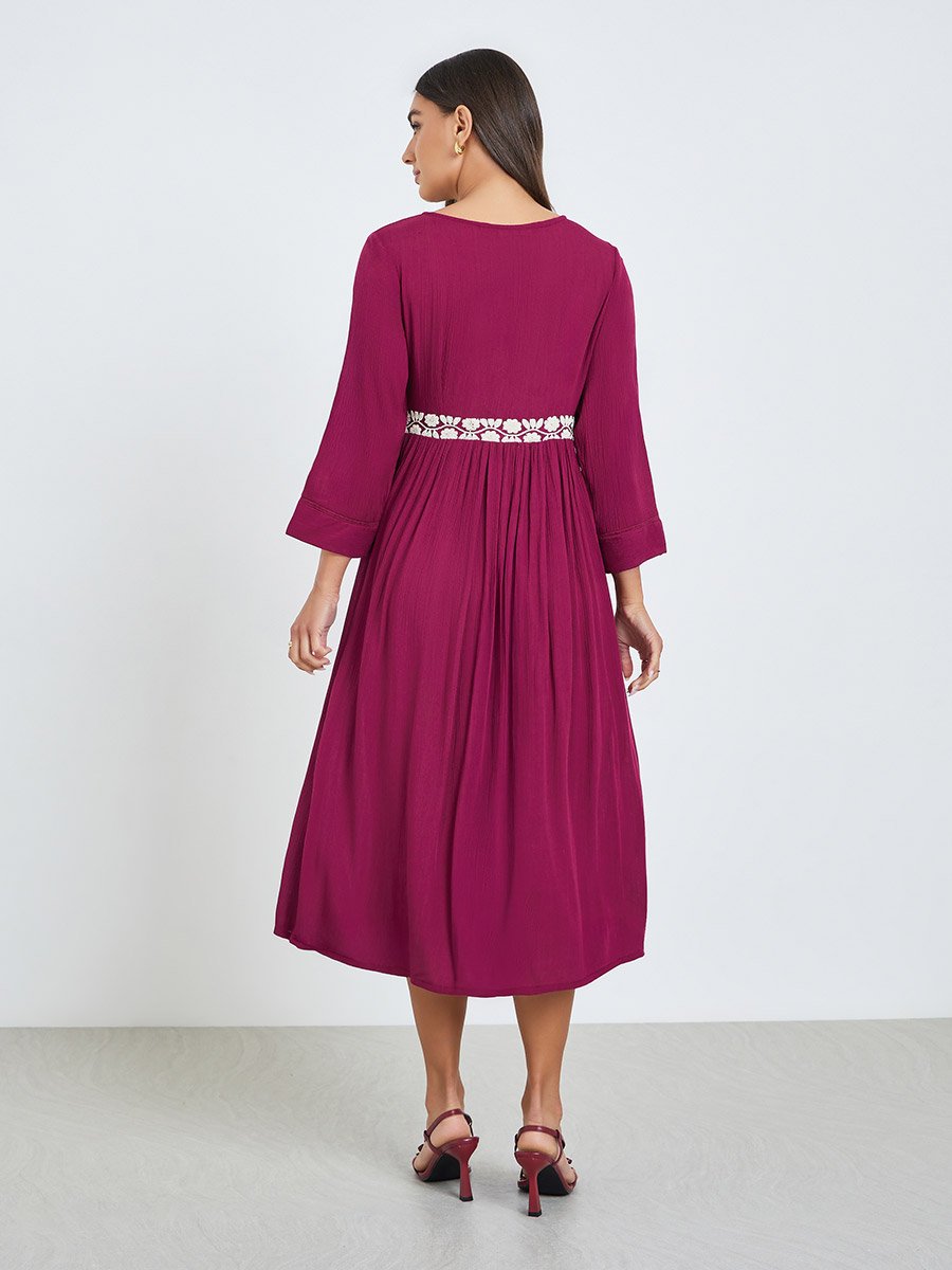 Women Magenta Embroidery Lace A-Line Midi Dress