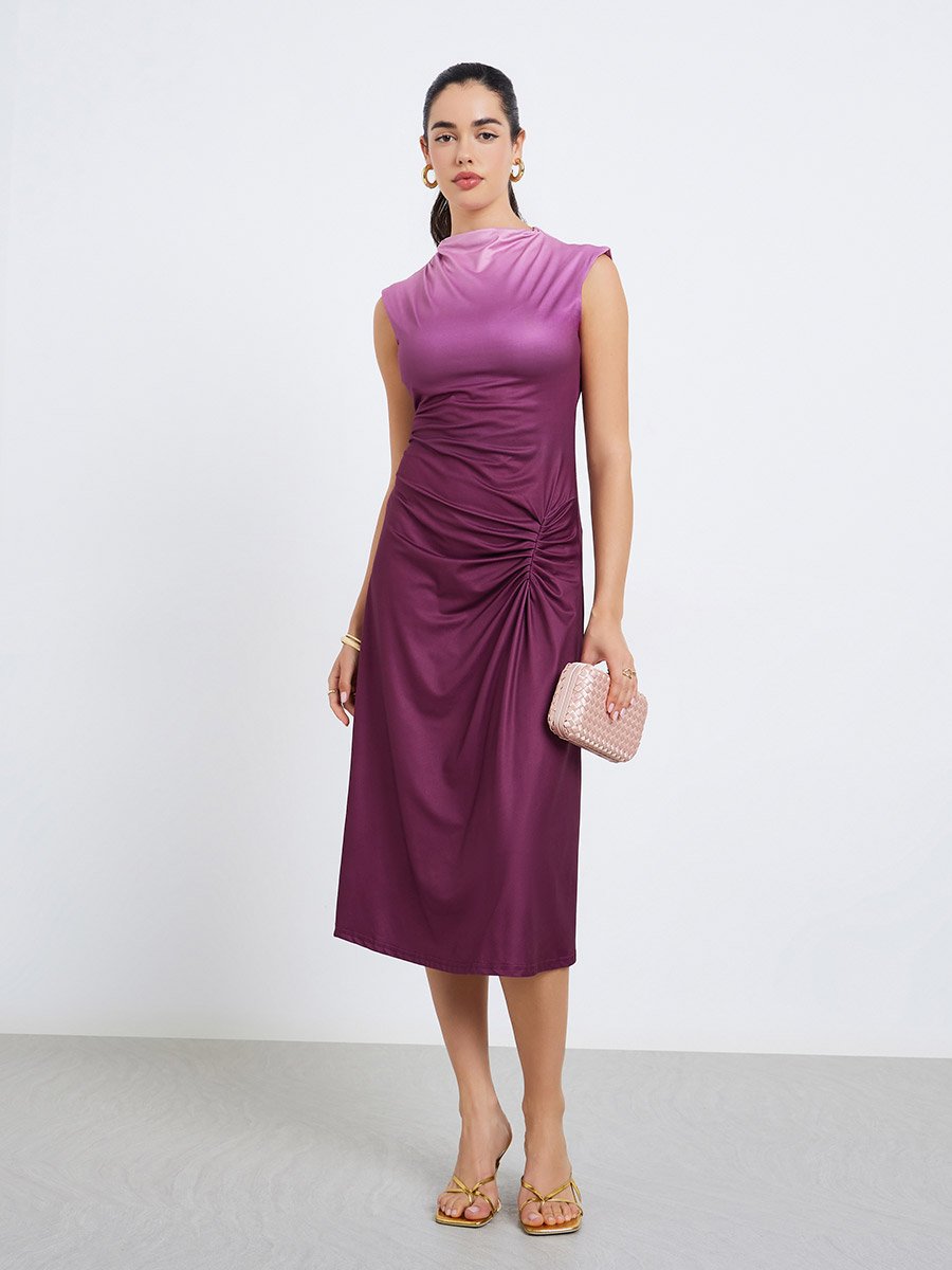 Women Ruched Ombre Look Sheath Midi Dress