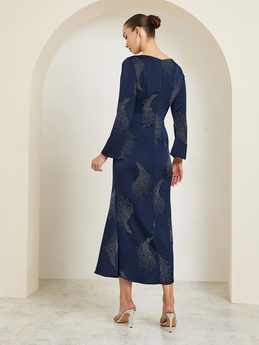 Navy Blue Sequin Boat Neck Maxi Dress