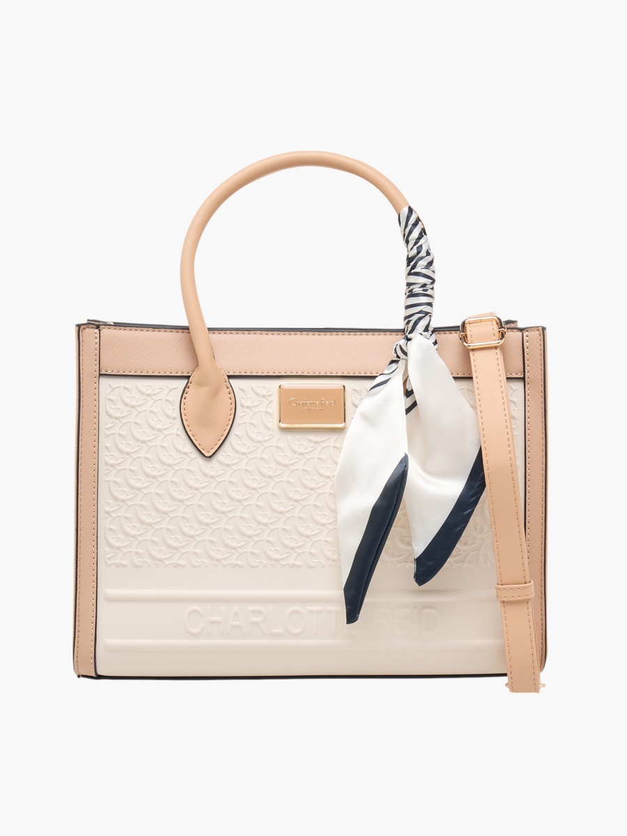 Monogram Embossed Tote Bag with Detachable Strap and Zip Closure