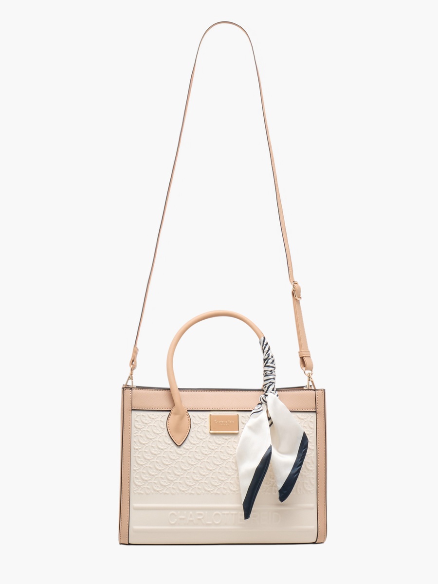 Monogram Embossed Tote Bag with Detachable Strap and Zip Closure